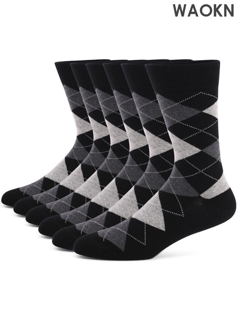 WAOKN Six pairs pure cotton socks, black diamond patterned socks, American style long socks, breathable and odor proof, quick drying and sweat absorption, anti friction and not easy to pilling, suitable for business, leisure, sports and other occasions. - Image 1