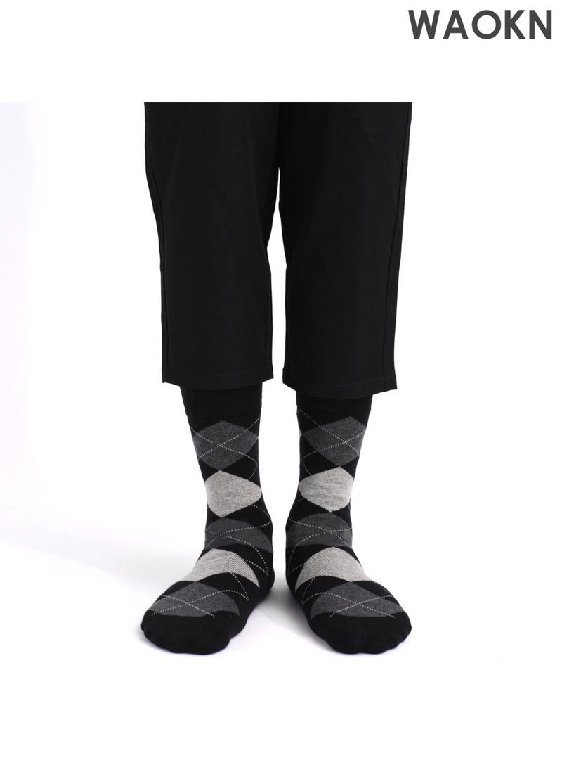WAOKN Six pairs pure cotton socks, black diamond patterned socks, American style long socks, breathable and odor proof, quick drying and sweat absorption, anti friction and not easy to pilling, suitable for business, leisure, sports and other occasions. - Image 3