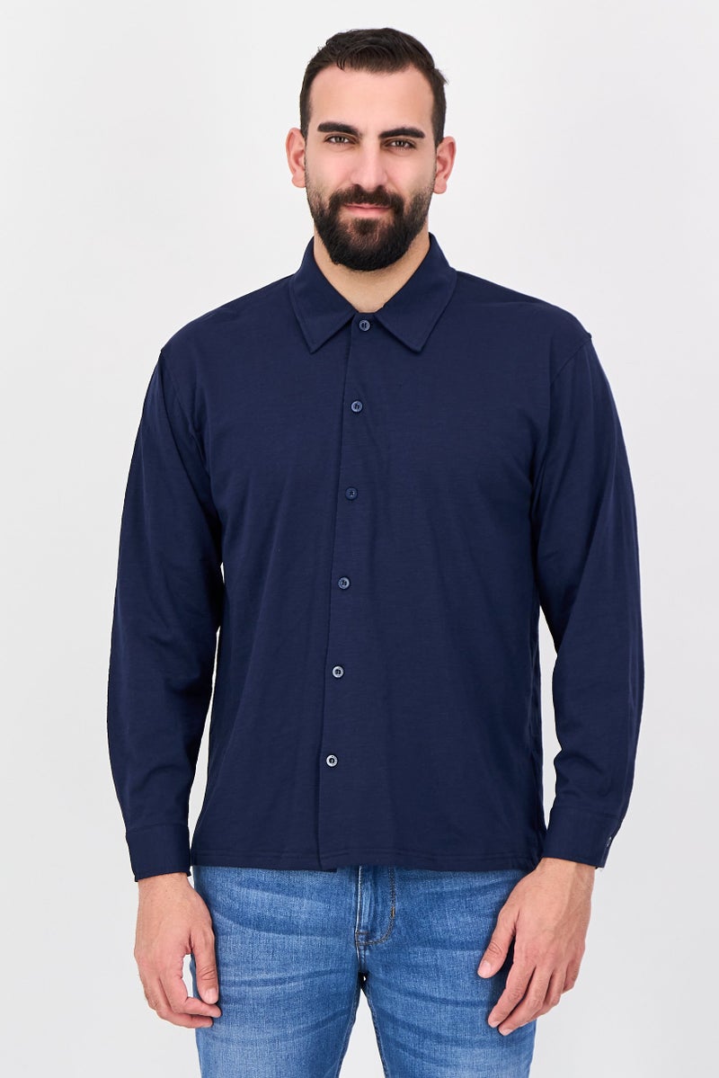 Aeropostale Men Regular Fit Solid Long Sleeve Casual Shirt, Navy Blue - Image 1