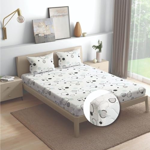 Wakefit Cotton Fitted Bedsheet | 200 TC Elastic Fitted Sheet, King Bed Bedsheet with 2 Pillow Solid Covers | Bubbles - 78X72 Inches, White - Image 2