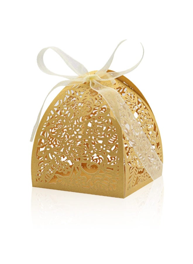 JZS Laser Cut Rose Candy Boxes Wedding Anniversary Box for Party Favor Bridal Shower Decorative Boxes Beige Gift Wrap Boxes with Ribbons for Birthday Party Laser Cut Favor Boxes Golden 50PCS (Yellow) - Image 1