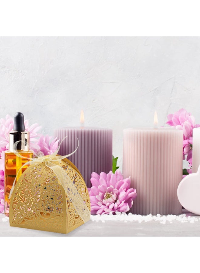 JZS Laser Cut Rose Candy Boxes Wedding Anniversary Box for Party Favor Bridal Shower Decorative Boxes Beige Gift Wrap Boxes with Ribbons for Birthday Party Laser Cut Favor Boxes Golden 50PCS (Yellow) - Image 3