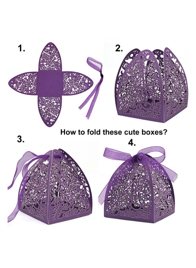 JZS Laser Cut Rose Candy Boxes Wedding Anniversary Box for Party Favor Bridal Shower Decorative Boxes Beige Gift Wrap Boxes with Ribbons for Birthday Party Laser Cut Favor Boxes Golden 50PCS (Yellow) - Image 4