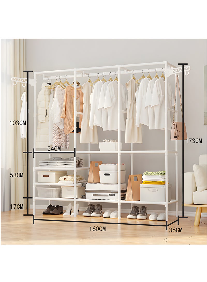 BestStore Freestanding 3-Section Heavy-Duty Metal Garment Rack with Shelves – White Multi-Functional Closet Organizer with 360° Rotatable Side Hooks, Shoe Storage, and Hanging Space for Bedroom or Entryway  - Image 2