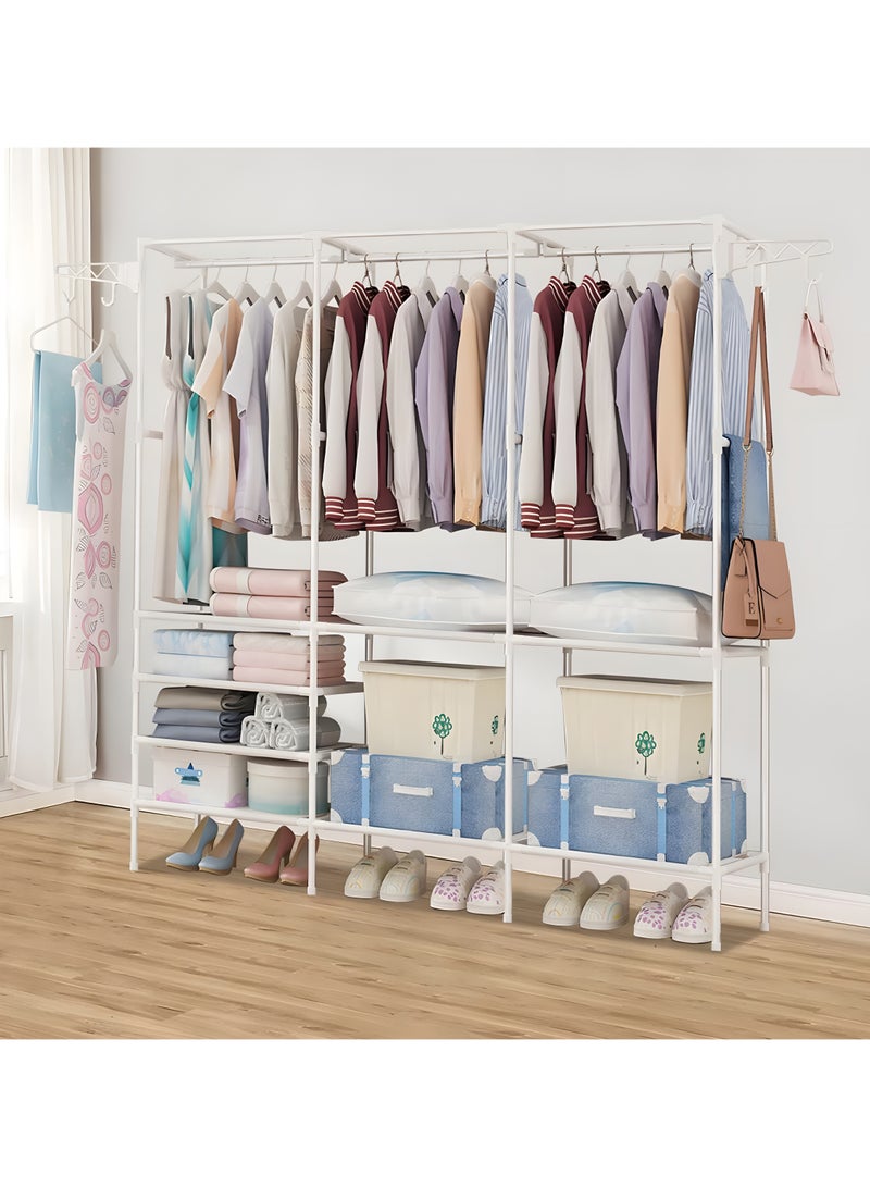BestStore Freestanding 3-Section Heavy-Duty Metal Garment Rack with Shelves – White Multi-Functional Closet Organizer with 360° Rotatable Side Hooks, Shoe Storage, and Hanging Space for Bedroom or Entryway  - Image 3
