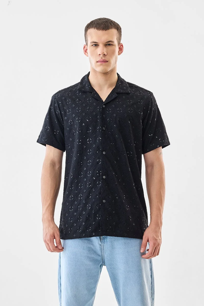 SNITCH Black Embroidered Half Sleeve Boxy Shirt