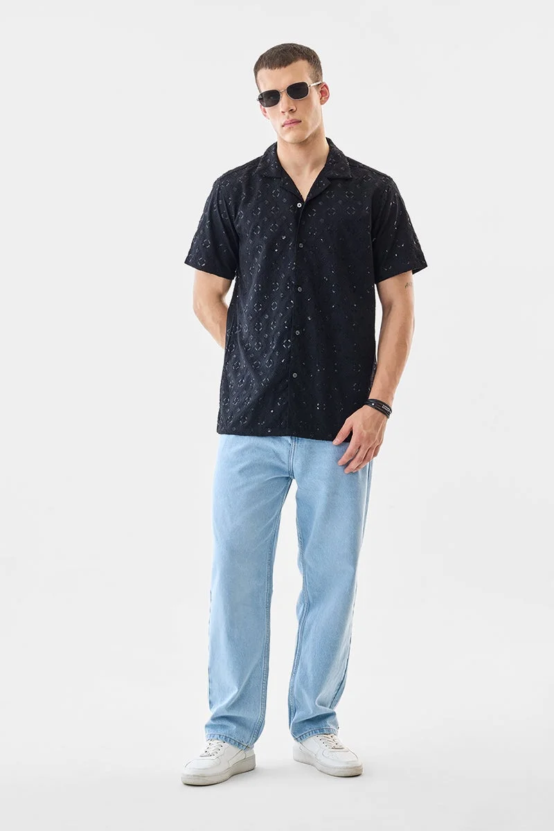 SNITCH Black Embroidered Half Sleeve Boxy Shirt