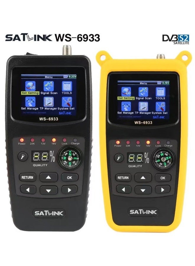 ساتلينك جهاز قياس إشارة القمر الصناعي الرقمية WS-6933 DVB-S/S2 FTA، مستقبل إشارة تلفزيون SAT، شاشة LCD بحجم 2.1 بوصة تدعم QPSK، 8PSK، 16APSK، 32APSK مع مصباح يدوي LED وبوصلة - Image 1