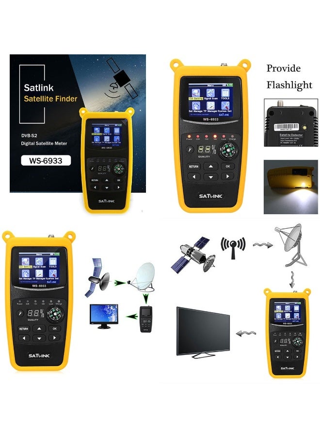ساتلينك جهاز قياس إشارة القمر الصناعي الرقمية WS-6933 DVB-S/S2 FTA، مستقبل إشارة تلفزيون SAT، شاشة LCD بحجم 2.1 بوصة تدعم QPSK، 8PSK، 16APSK، 32APSK مع مصباح يدوي LED وبوصلة - Image 2