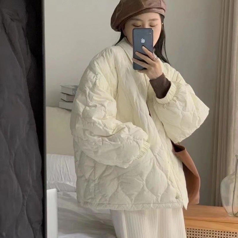 Womens Thickened Cotton Jacket Loose Casual Style Winter Outerwear Purple Lotus Seed Design City Commute Fashion 2023 creamy-white (without drawstring) 