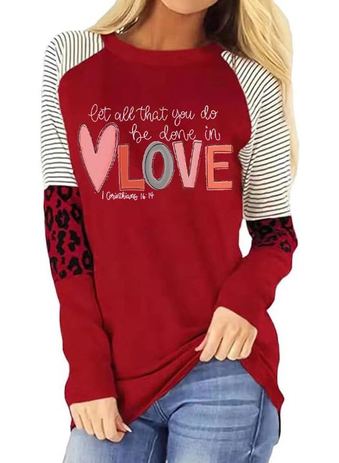 Women's Valentine's Day T-Shirt Leopard Stripe Splicing Sleeve Raglans Shirt Love Heart Printed Buffalo Plaid Graphic Tees, A-red, M