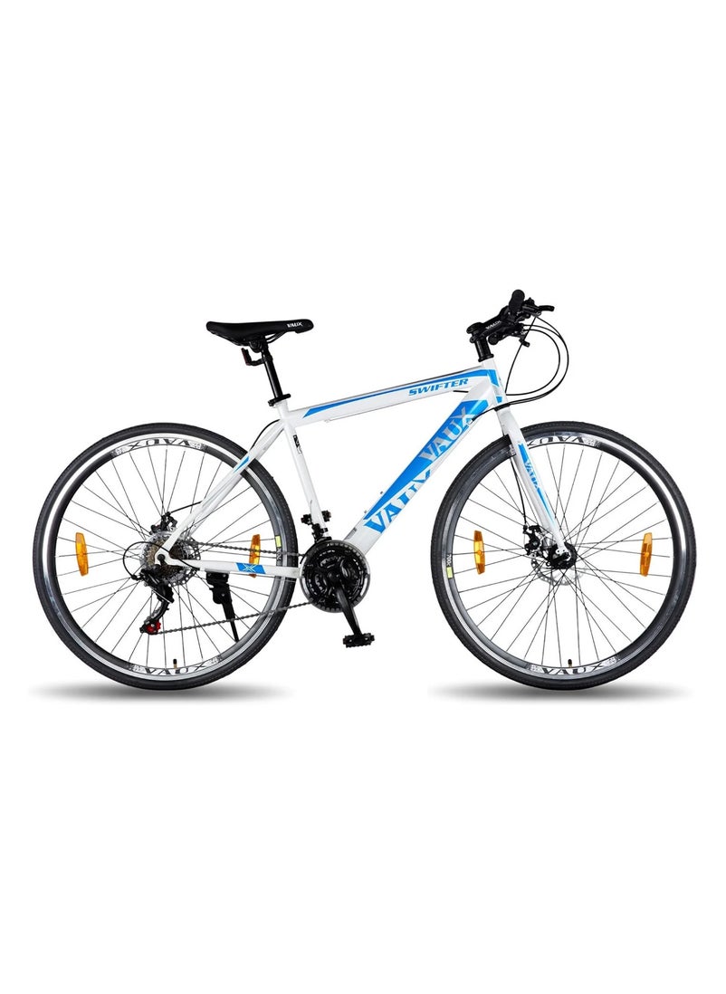 Vaux دراجة Vaux Swifter-Pro الهجينة للرجال مع فرامل قرصية مزدوجة - دورة تروس 21 سرعة مع إطار فولاذي Hi-Ten - إطارات معدنية ودورة إطارات رفيعة 700Cx35 - دراجة للبالغين من الفئة العمرية 15+ سنة - أبيض  - Image 1