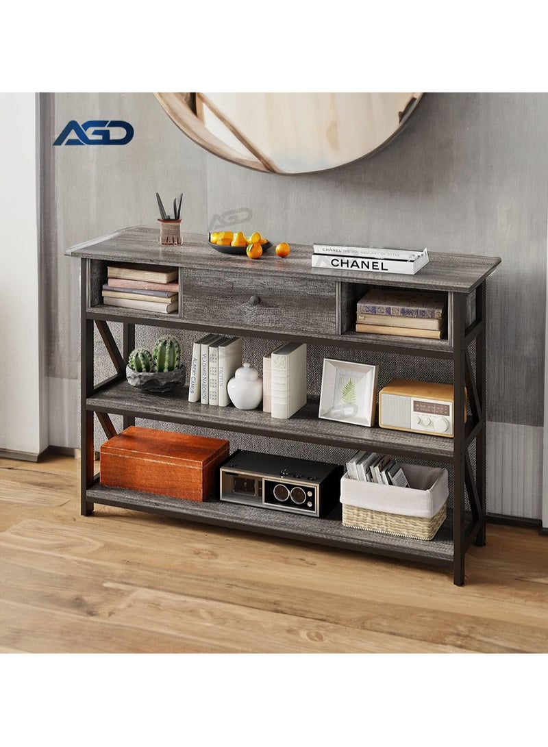 AGD Antique Wooden Rectangular Console Table with Shelves and Drawers Three Layers Open Storage for Bedroom Entryway Sofa Bed Side Table Gray Color - Image 3