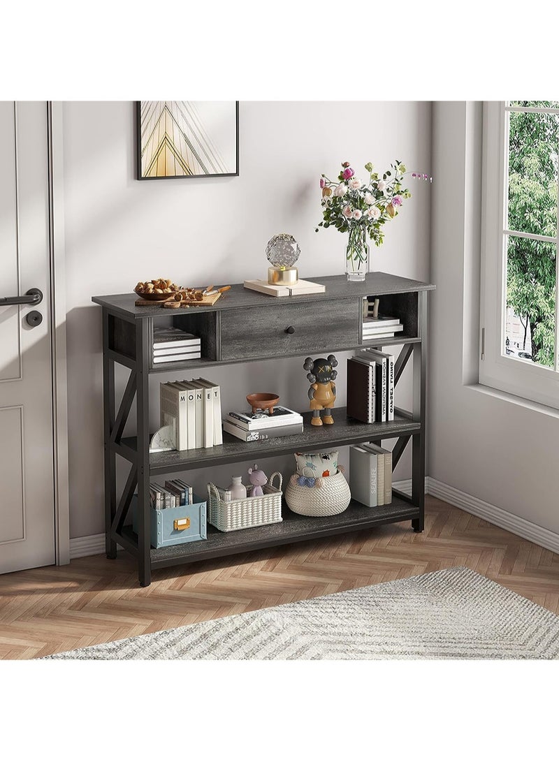 AGD Antique Wooden Rectangular Console Table with Shelves and Drawers Three Layers Open Storage for Bedroom Entryway Sofa Bed Side Table Gray Color - Image 5