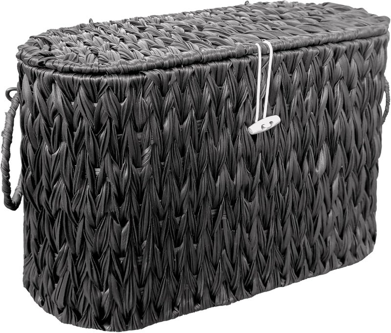 Coeusy Black Toilet Paper Basket with Lid,Wicker Toilet Paper Storage Stand,Large Narrow Bathroom Towel Basket Mega Roll Container Bin for Toilet Tank,Floor - Image 1