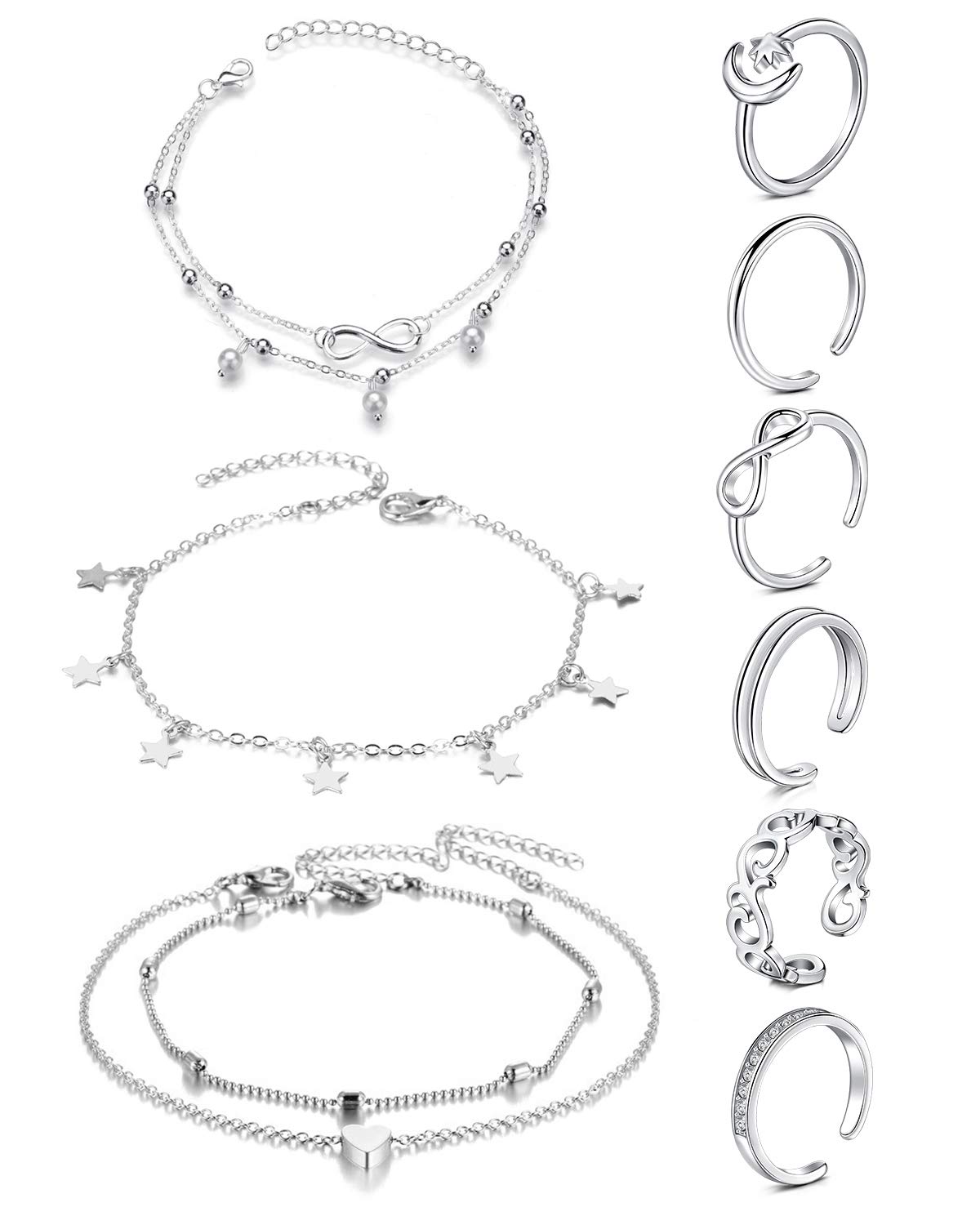 JFORYOU Anklets and Toe Ring Set for Women Silver Chain Layered Anklets Toe Rings Ankle Bracelets Open Adjustable Toe Rings Beach Foot Jewelry