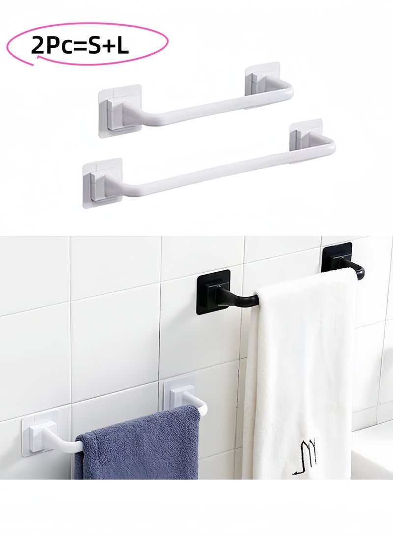 2PC Wall Mounted Towel Holder – Self-Adhesive Bathroom/Kitchen Towel Bar, Flip-Flop Hanger, Organizer Rack (White S+L 24.5cm+34cm) - Image 1