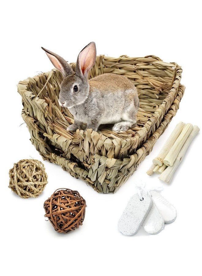 هامليدي سرير عشبي للأرانب من Hamiledyi، 12 قطعة من ألعاب مضغ الأرانب الأليفة، حصيرة قش منسوجة يدويًا طبيعية، سلة عشب الهامستر، فراش للحيوانات الصغيرة لخنزير غينيا، شنشيلة، نمس، جرذ - Image 1