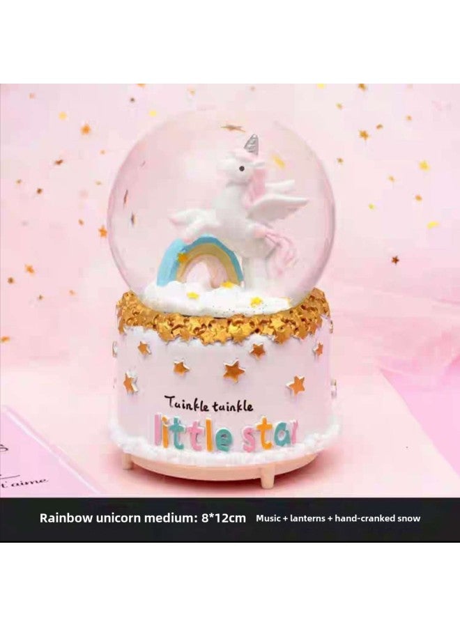 Girl's Heart Rainbow Moon Unicorn Crystal Ball Music Box Lighting Girlfriend Men's And Women's Birthday Graduation Gift Ornaments-Color:Rainbow Unicorn Color Paper Packaging (greeting Card + Flower + Handbag)-Dimensions:Medium (hand Snow + Music + Lights) - Image 2