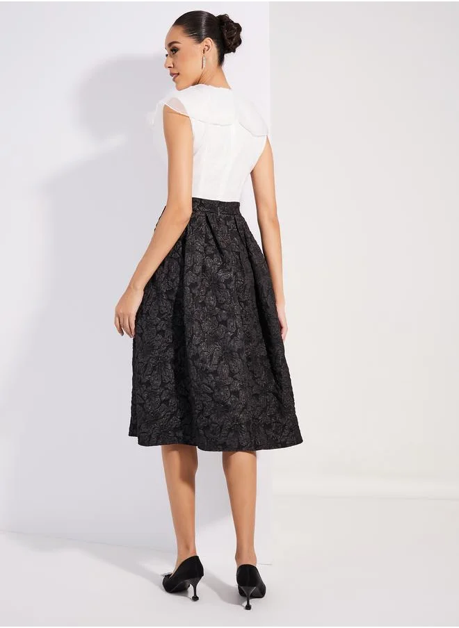 Styli Organza Frill Flared Jacquard Midi Dress