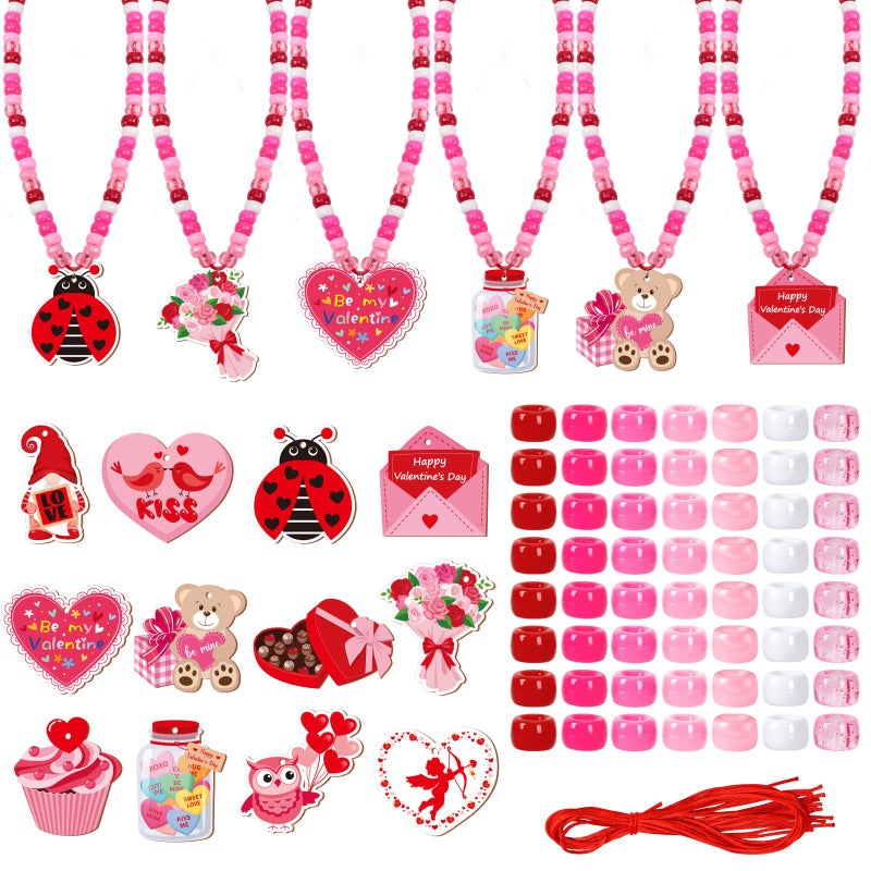 DTOFOOT 24 Set Valentine's Day Craft Kit, DIY Valentine Bead Necklaces Red Pink Heart Chocolate Ludy Bugs Crafts Gifts Classroom Activity Supplies Party Favor - Image 1