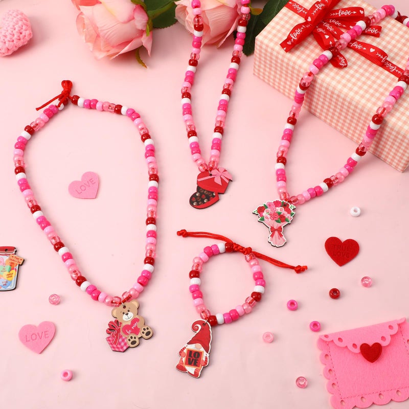 DTOFOOT 24 Set Valentine's Day Craft Kit, DIY Valentine Bead Necklaces Red Pink Heart Chocolate Ludy Bugs Crafts Gifts Classroom Activity Supplies Party Favor - Image 4