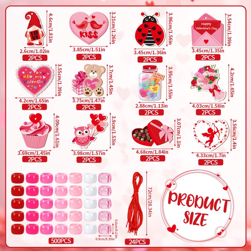 DTOFOOT 24 Set Valentine's Day Craft Kit, DIY Valentine Bead Necklaces Red Pink Heart Chocolate Ludy Bugs Crafts Gifts Classroom Activity Supplies Party Favor - Image 2