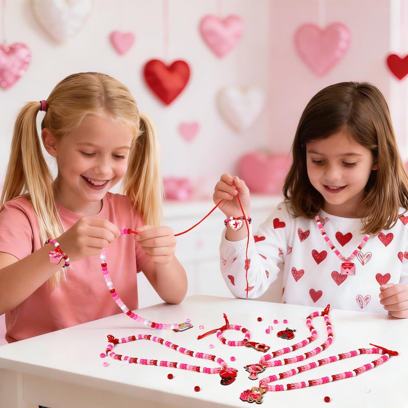 DTOFOOT 24 Set Valentine's Day Craft Kit, DIY Valentine Bead Necklaces Red Pink Heart Chocolate Ludy Bugs Crafts Gifts Classroom Activity Supplies Party Favor - Image 5