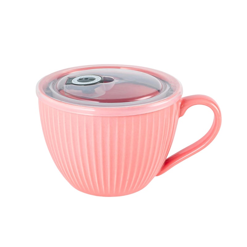 Hoilse Ceramic Soup Bowl with Handle,24 oz Large Coffee Mugs, Jumbo Soup Mugs With Lids for Breakfast Cereal, Oatmeal, Coffee,Tea,Dishwasher & Dishwasher Safe,Housewarming Wedding Gift,1PC (Pink) - Image 1