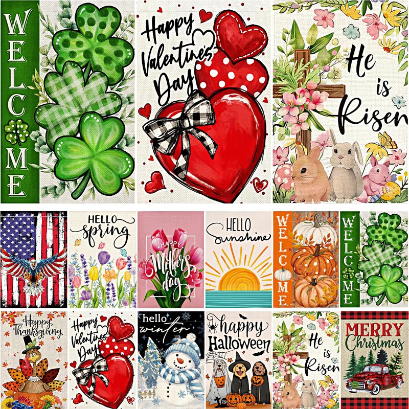 BWFY 12 Pack Seasonal Garden Flags Set, Linen Double Sided 12 x 18 Inch Garden Flags, Small Yard Flags for Outside, Valentine's Day St Patricks Day Easter Garden Flag Outdoor Decor, Holiday Garden Decorations for All Seasons - Image 1