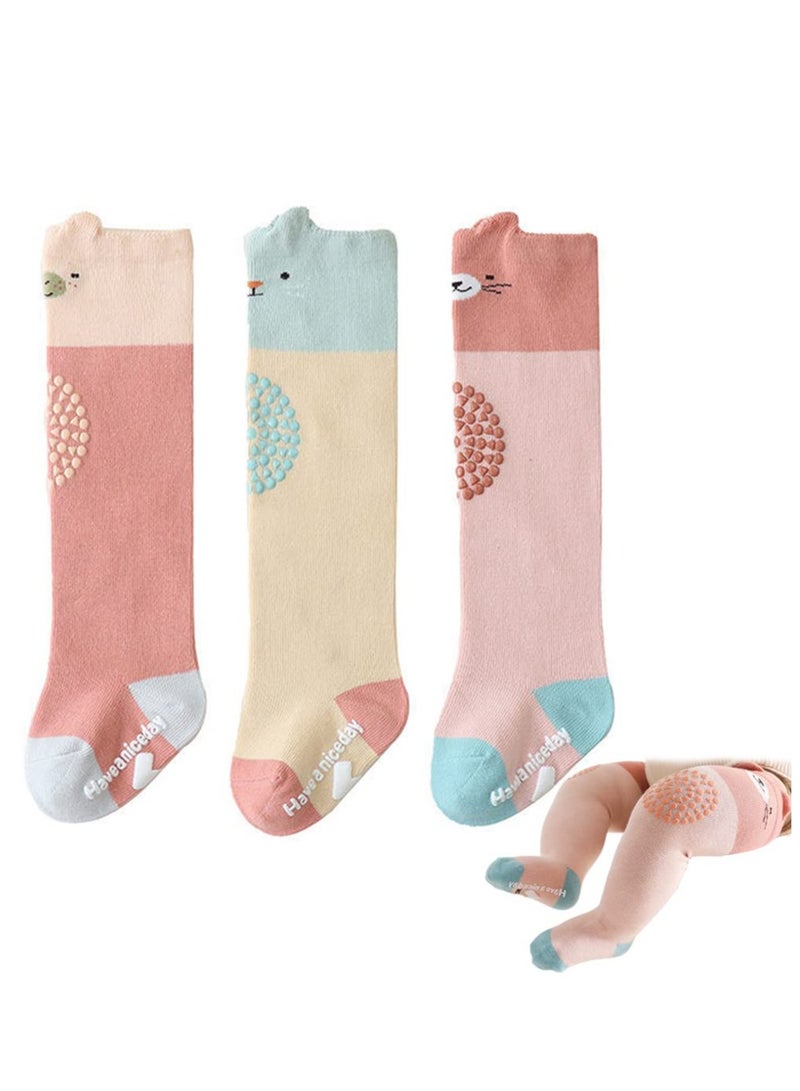 KASTWAVE Baby Non Slip Socks for Crawling Walking 3 Pairs Toddler Knee High Socks, Infant and Newborn Stockings for Newborn Toddler Boy Girl 6-12 Month - Image 1