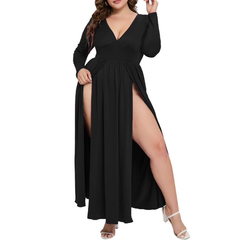 SILUI Women's Summer Dress Western Sexy Double High Slit Deep V Neck Plus Size Sundresses Thigh Split Maxi Club Party Dresses Black - Image 1