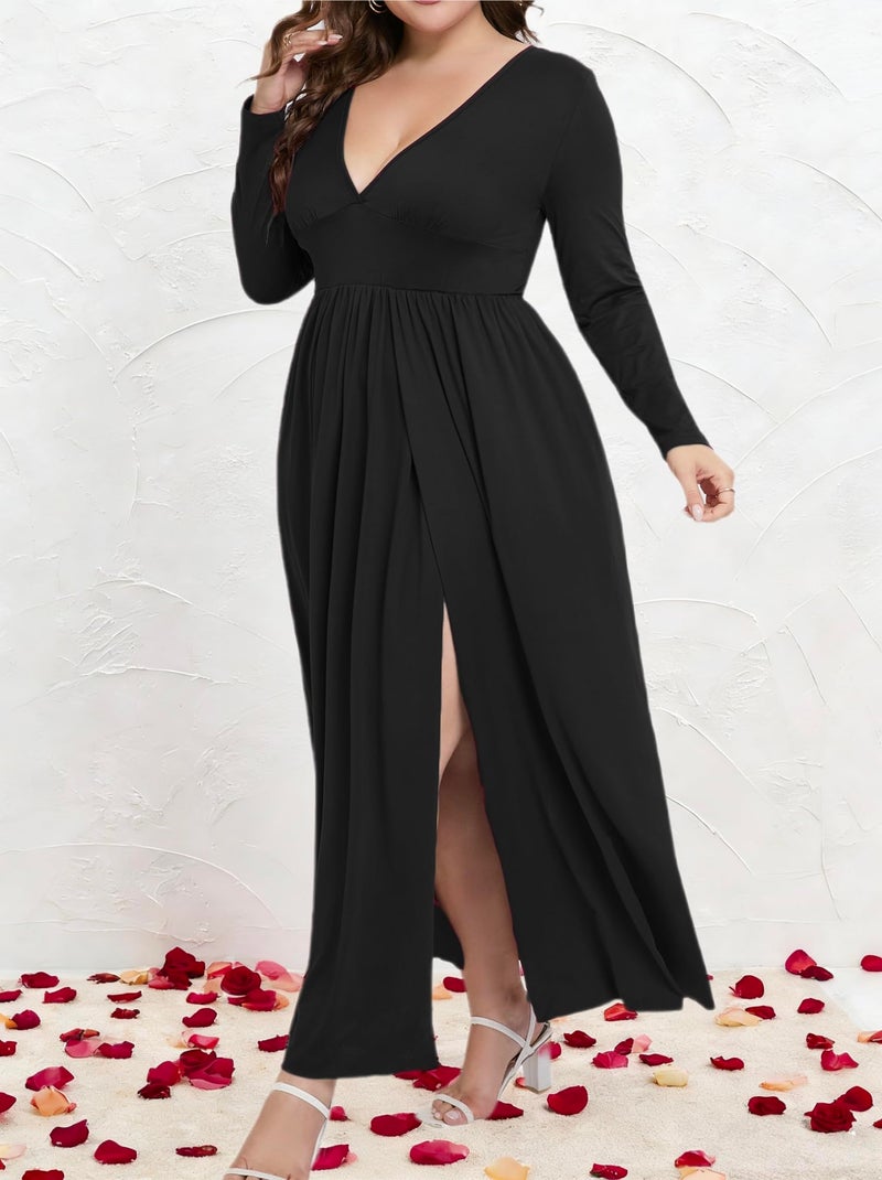 SILUI Women's Summer Dress Western Sexy Double High Slit Deep V Neck Plus Size Sundresses Thigh Split Maxi Club Party Dresses Black - Image 2