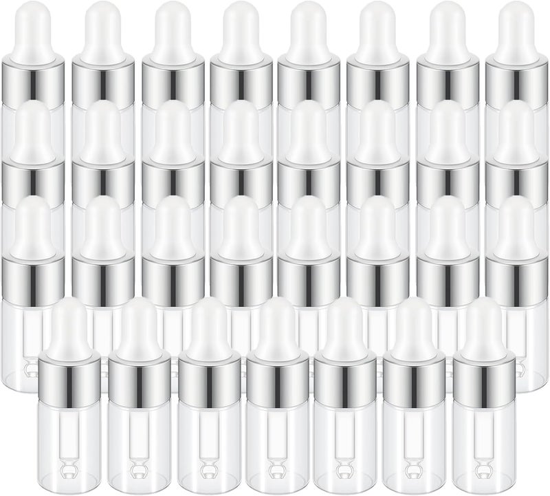 Sample Dropper Bottles, Mini Dropper Bottles with 2 Pcs Plastic Droppers for Traveling Essential Oils DIY Cosmetic Liquid Sample Perfume, Silver, 3ML-50PCS