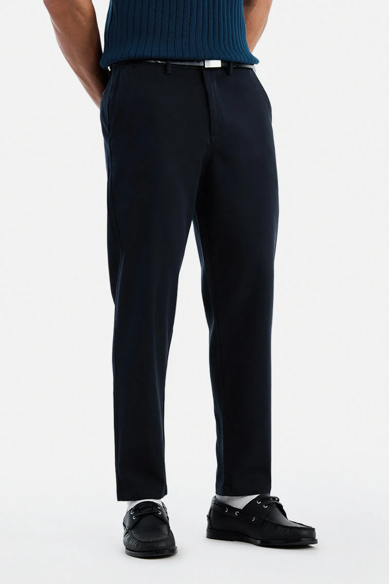 SNITCH Navy Textured Regular Fit Casual Chinos