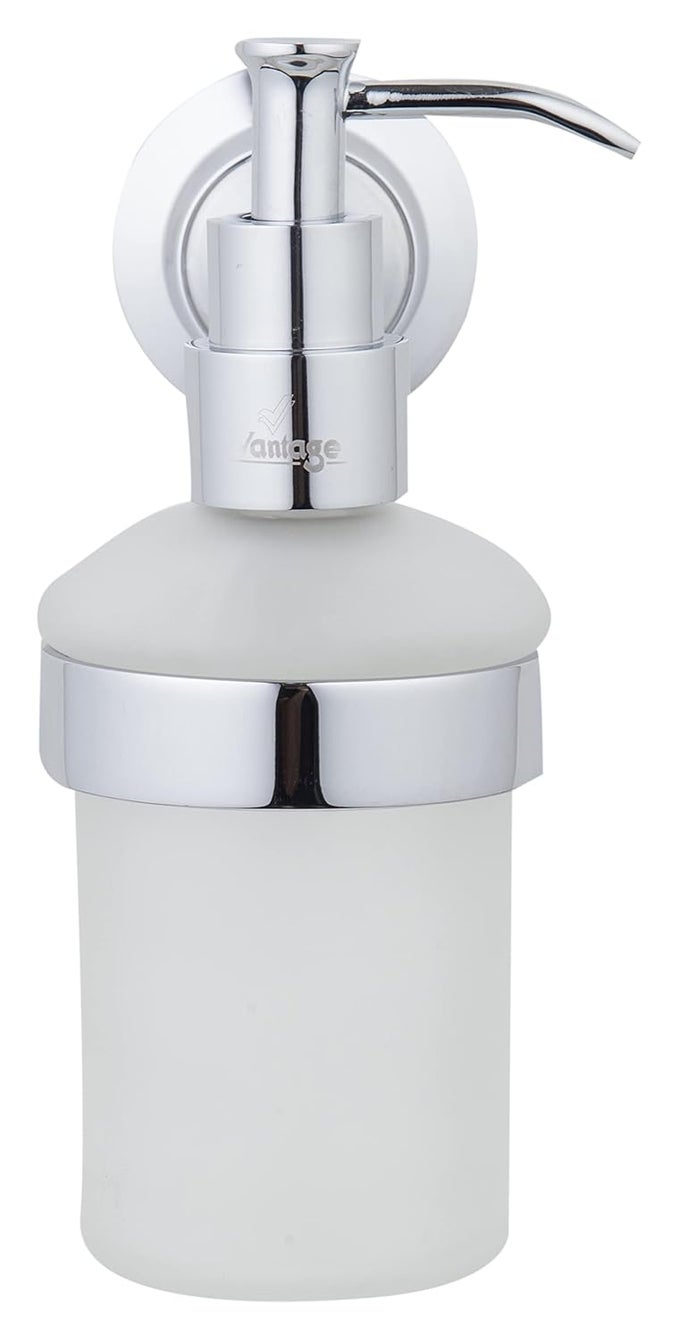 VAR-1013 FROSTED TOUGHENED GLASS LIQUID SOAP DISPENSER 100% BRASS CHROME FINISH WALL MOUNTED DESIGN PUMP REFILLABLE SHAMPOO HAND WASH SANITIZER OIL LOTION ESSENTIAL FOR BATHROOM & KITCHEN