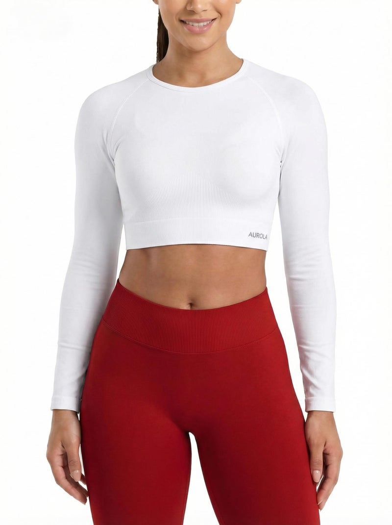 AUROLA Serpent Snake Long Sleeve Shirts for Women Seamless Workout Crop Tops Crew Neck Cropped T Shirt Athletic YogaSolidCrescent WhiteL - Image 2