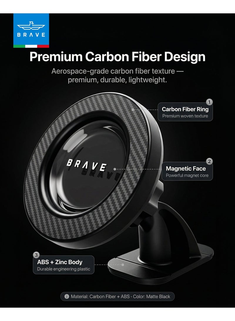 Brave MagSafe Magnetic Car Phone Holder | 2-in-1 Car Mount for Dashboard & Air Vent, 360° Adjustable Design, Ultra-Stable Carbon Fiber Finish | Universal Magnetic Phone Holder Compatible with iPhone 17 Pro Max, 17 Pro, 17, 16 Pro Max, 16 Pro, 16, 15, 14, 13, 12 | Samsung Galaxy S26 Ultra, S26, S25 Ultra, S25, S24, S23 | Google Pixel, OnePlus, Xiaomi & More | Black - Image 4