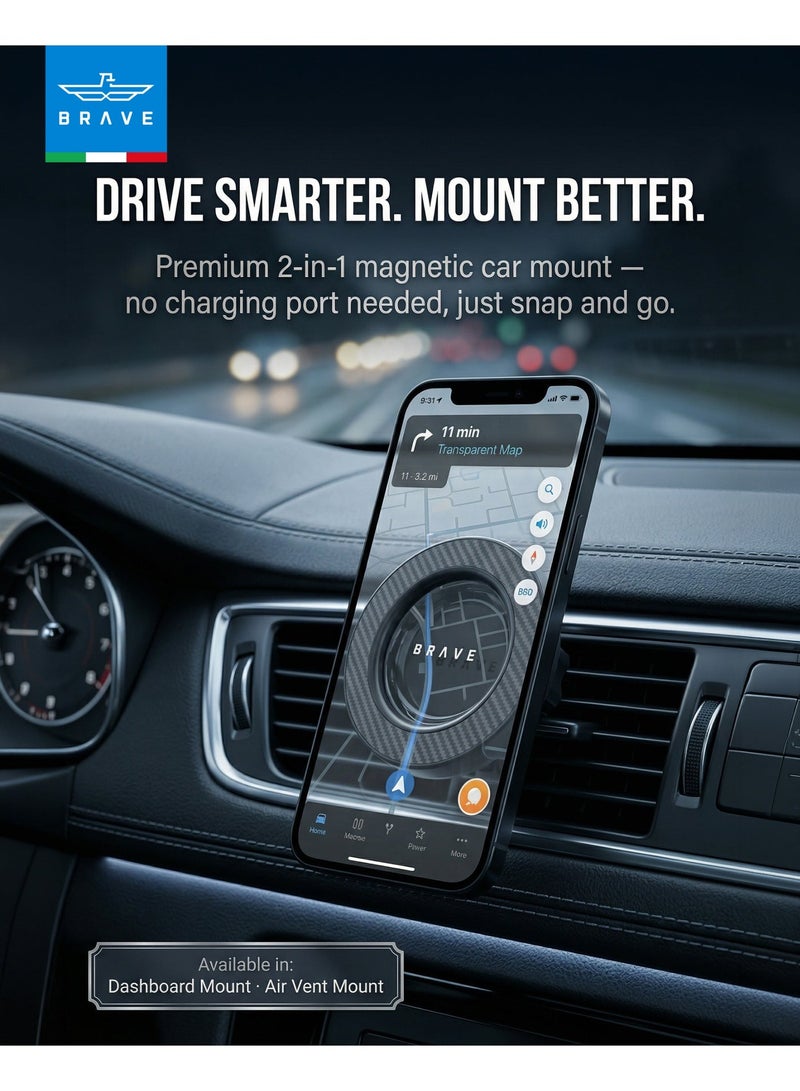 Brave MagSafe Magnetic Car Phone Holder | 2-in-1 Car Mount for Dashboard & Air Vent, 360° Adjustable Design, Ultra-Stable Carbon Fiber Finish | Universal Magnetic Phone Holder Compatible with iPhone 17 Pro Max, 17 Pro, 17, 16 Pro Max, 16 Pro, 16, 15, 14, 13, 12 | Samsung Galaxy S26 Ultra, S26, S25 Ultra, S25, S24, S23 | Google Pixel, OnePlus, Xiaomi & More | Black - Image 2