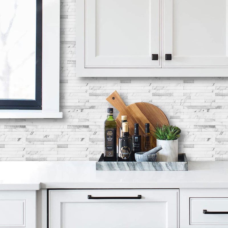 AULIGET 40 Sheets Faux Stone Peel and Stick Backsplash, White Marble Look PVC Wall Tiles Stick on Backsplash for Kitchen - Image 2