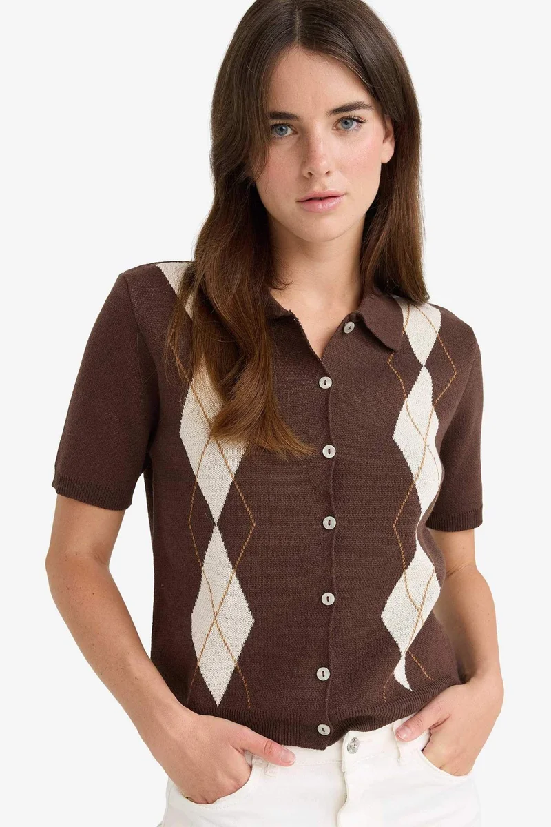 ديفاكتو Regular Fit Polo Collar Knitwear Cardigan