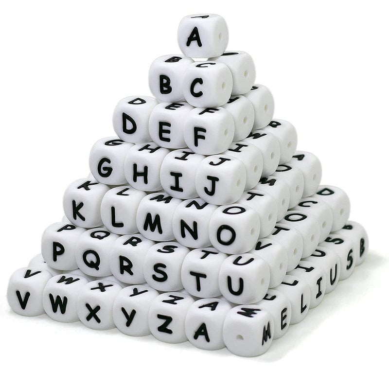 Melius 110Pcs Silicone Letter Beads 12mm AZ Extra for Vowel Letter Even and Accurate Square Letters Beads for Bracelet Stethers Key Chains Necklace Lanyards White