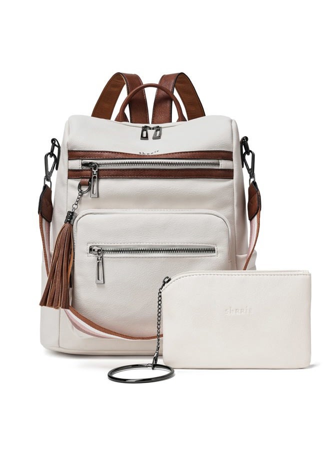 Shrrie Women's Backpack with Wallet, Stylish Backpack, PU Leather, Waterproof, Anti-Theft, Convertible Shoulder Bag for Travel, Work, School, University, Shopping, Beige with Brown, M - Image 1