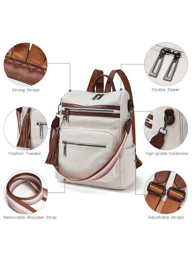 Shrrie Women's Backpack with Wallet, Stylish Backpack, PU Leather, Waterproof, Anti-Theft, Convertible Shoulder Bag for Travel, Work, School, University, Shopping, Beige with Brown, M - Image 5