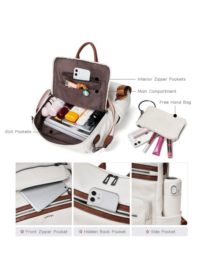 Shrrie Women's Backpack with Wallet, Stylish Backpack, PU Leather, Waterproof, Anti-Theft, Convertible Shoulder Bag for Travel, Work, School, University, Shopping, Beige with Brown, M - Image 4