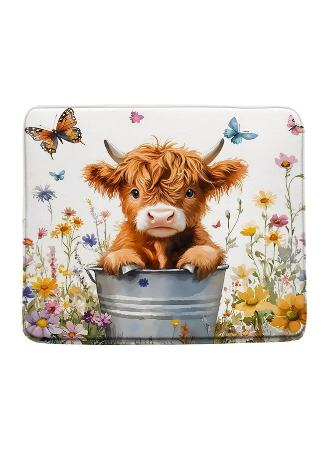 Highland Cow Floral Bath Mat,Cute Rustic Brown Cattle Butterfly Flower Animal Farmhouse Bathroom Kitchen Runner Rug,18x30 Inch - Image 1