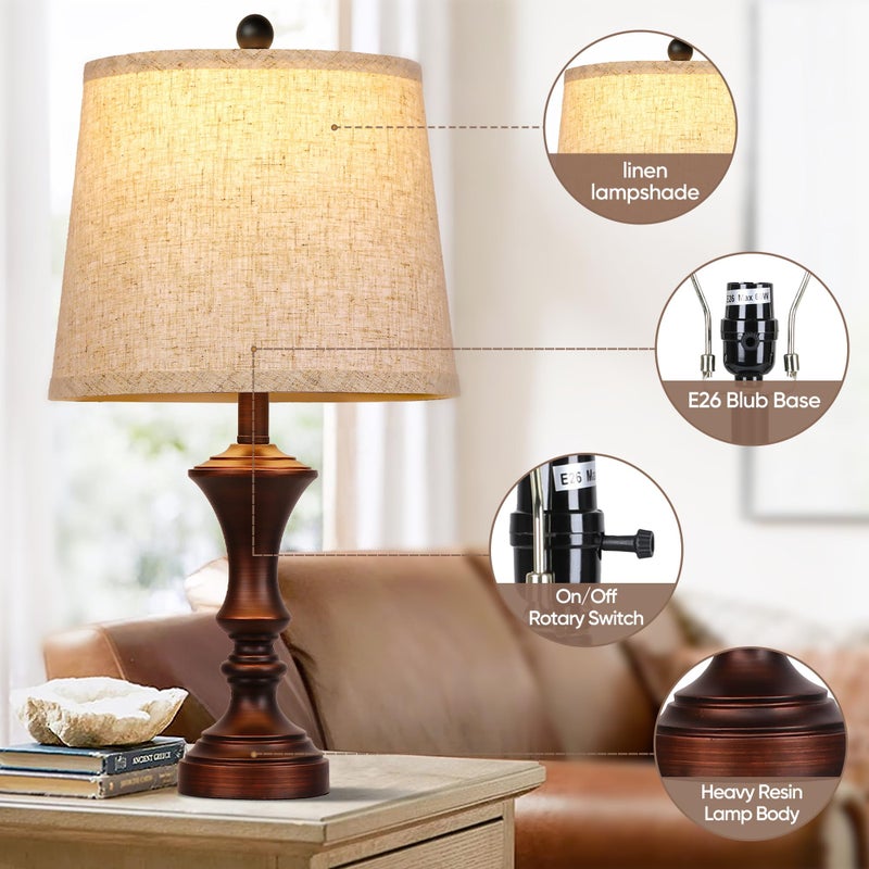 ROTTOGOON Retro Table Lamps Set of 2 Nightstand Lamp for Bedroom Vintage Rustic Table Lamps for Living Room Traditional Nightstand Bedside Lamps Bulb NOT Included - Image 3