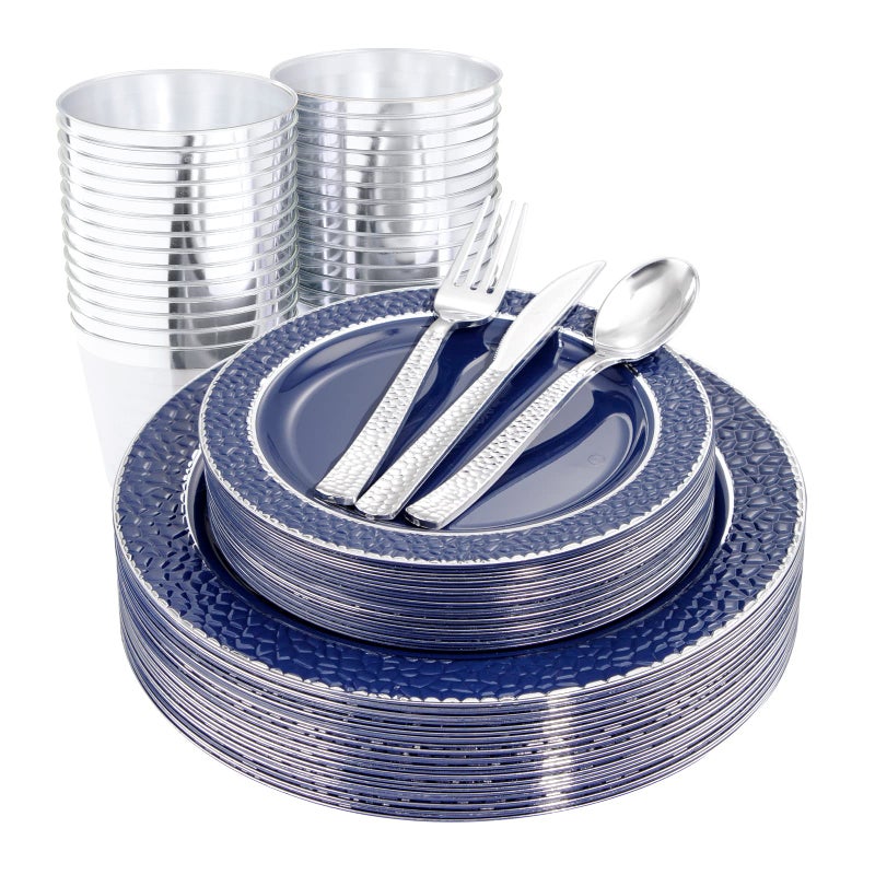 Ciaell 150 PCS Blue and Silver Plastic Plates  Blue Disposable Plate include 50 Plates 25 Knives 25 Forks 25 Spoons 25 Cups for Weddings  Party  Graduation