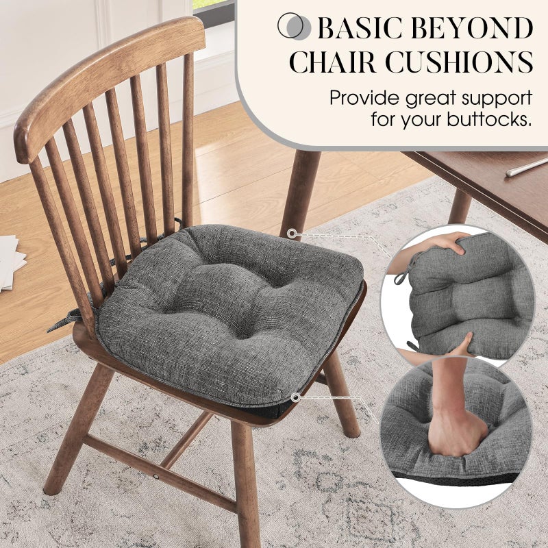 Basic Beyond Chair Cushions for Dining Chairs 4 Pack, Chair Cushion with Ties and Non Slip Backing, 15.5 x 15.5 inches Tufted Kitchen Chair Pads for Dining Chairs(Dark Grey) - Image 3