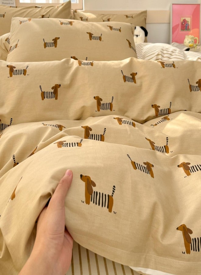 Bildenly Dachshund Duvet Cover Set Queen Size Khaki Sausage Dog Stripe Reversible Comforter Cover 3 Pcs Cute Puppy Dog Pet Pattern Bedding Set with Zipper Closure and 2 Pillowcases for Girls Boys - Image 4